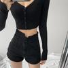 Shorts Jeans de Cintura Alta Estilo Sexy Europeu e Americano para Mulheres Verão Botão Cruzado Design Menina Plus Size mm Perna Larga Shorts Evasê
