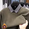 Suéter de Gola Careca Forrado com Fleece para Homens, Outono e Inverno 2025 Novo Camada Interna Quente Espessa, Suéter de Tricô Masculino Falso Duas Peças
