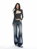 YECHUAN # Jeans lavados con patrón de ráfaga de rayo vintage para mujer, diseño de hebilla de París de otoño, pantalones rectos holgados