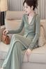 Conjunto de Ropa Otoño Temprano 2025 Elegante Reductor de Edad Adelgazante Suéter Verde de Punto Pantalones de Pierna Ancha Casual de Dos Piezas Moderno