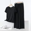 Conjunto de Duas Peças Feminino de Verão: Camiseta de Manga Curta com Decote em V de Modal e Calça Pantalona Solta Tamanho Grande para Casa