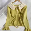 Ropa de Invierno Rejuvenecedora Dulce Adelgazante Estilo Fresco Estudiante Camisa de Punto Costura Contraste de Color Cuello de Muñeca Cordones Estilo Coreano Top para Mujer