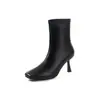 Botas elásticas de PU para mulheres, botas longas justas de cano alto, novo estilo outono e inverno, bico quadrado, zíper lateral, botas longas femininas de salto alto stiletto