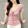 Camiseta Curta Gola V Manga Curta Estilo Americano Picante para Mulheres, Verão Renda de Alta Qualidade Patchwork Slim Fit Top Curto Tendência