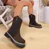 Zapatos de mujer de talla grande de estilo retro hasta la mitad de la pantorrilla, comercio exterior, nuevo estilo otoño e invierno 2025, tacón cuadrado de ante, puntera redonda, botas de moda de tacón medio para mujer