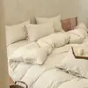 Juego de cuatro piezas estilo japonés de algodón puro, algodón lavado, sábanas a rayas y funda de edredón, ropa de cama sencilla de lino para casa de huéspedes, sábana bajera