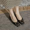 Sapatilhas Femininas de Couro Genuíno com Salto Bloco, Boca Rasa, Fivela Quadrada Francesa, Salto Médio, Estilo para Noite, Sapatos Vintage Delicados