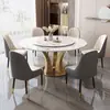 Mesa de jantar e cadeiras de luxo leve com tampo de pedra brilhante, conjunto de jantar moderno e minimalista em estilo italiano para uso doméstico, com bandeja giratória e tampo de mesa redondo de pedra