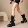 Botas de Cano Médio com Solado Grosso de 12cm para Mulheres no Outono e Inverno Novas Botas Western Retrô com Salto Grosso para Pessoas Baixas e Versáteis Cavaleiras
