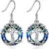 Serie de Aretes Cruzados Más Vendidos de Amazon Árbol de la Vida de Cristal Azul Clásico Aro Circular de Aleación Ganchos para Oreja Forma Redonda