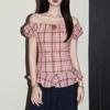 2025 Verano Encaje Retro Manga Corta Cuadros Camisa Corta para Mujer Babydoll Manga Abullonada Cintura