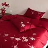 Luxo leve 100S algodão de fibra longa conjunto de quatro peças jacquard de algodão capa de edredom de algodão lençol de algodão roupa de cama de casamento vermelha