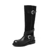 Fivela de cinto de blogueira de moda camurça de couro de vaca bloco de cores botas de montaria 2026 inverno salto baixo grosso bico redondo perna alta botas longas femininas 41