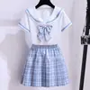 Traje JK para Niñas Falda a Cuadros Vestido de Verano para Niña Pequeña Estilo Callejero Estilo JK Preppy Falda Plisada Conjunto de Dos Piezas