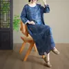 Vestido largo de manga larga con estampado de estilo artístico nuevo para primavera y otoño de 2026, cuello redondo, talla grande para mujer, algodón puro, vestido largo