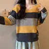 Suéter de Punto con Rayas en Contraste Estilo Coreano Estilo Perezoso para Mujer Otoño Temprano Nuevo Ajuste Holgado Adelgazante Suéter de Punto con Cuello en V para Mujer