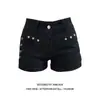 Shorts de Mezclilla Negros Ultra Cortos Estilo Americano Picante para Mujer, Nuevo Modelo de Verano con Remaches, Diseño Adelgazante Tallas Grandes, Hot Pants Ajustados a la Cadera
