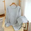 Pijama con Almohadillas para el Pecho para Mujer, Algodón Puro, Primavera y Otoño, Delgado, Holgado, de Manga Larga, Pantalón Largo, Sencillo, Se Puede Usar Afuera, Ropa para el Hogar, Conjunto de Dos Piezas
