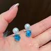 Pendientes de Perla de Azúcar Imitación Cristal Azul Marino Estilo Nuevo, Lujo Ligero, Gama Alta, Elegantes, Hermosos y Delicados Pendientes Azules Joyería