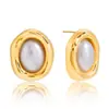 Brincos de Aço Inoxidável 18K com Pérolas de Resina em Estilo Retrô Elegante e Discreto, Brincos de Luxo Leve de Alta Qualidade para Mulheres, Joias de Nicho Transfronteiriças