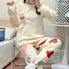 Corea2025 Otoño e Invierno Pijama de Terciopelo Coral para Niñas Cuadros Gato de Dibujos Animados Chica Suave Engrosado Cálido Ropa para el Hogar