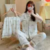 Conjunto de Pijama Feminino de Algodão Nuvem de Três Peças para Primavera e Verão, com Gola Reversível, Cardigã de Manga Curta, Shorts e Calça Comprida, Conjunto Casual para Casa para Meninas