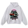 Moletom com capuz estampado de carro esportivo retrô americano em estoque, lavado e com efeito desgastado, marca de moda de rua, corte solto, plus size, moletom unissex