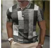 Camisa Polo Europeia e Americana Masculina Transfronteiriça Tendência com Estampa Digital 3D, Bloqueio de Cor Xadrez, Manga Curta, Colarinho Cuban
