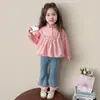 Conjunto de Camisa con Mangas Abullonadas para Niñas, Nuevo Moda Primavera y Otoño Camisa Muñeca y Jeans, Conjunto de Dos Piezas Estilo Coreano, Elegante y Cómodo