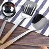 Conjunto de Espátula e Concha de Sopa de Aço Inoxidável, Utensílios de Cozinha Espessados Anti-Queimadura, Colheres Atacado com Cabo de Madeira para Cozinha Doméstica