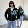 Cardigã com Capuz Moletom Estilo Streetwear Europeu e Americano 2025 Estampa de Letras Casual Solto Masculino e Feminino