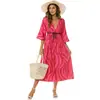 Estilo Jersey, Elegante Vacaciones Viaje Cintura Alta Rojo Verano Moda Estampado Bohemio Playa Casual Vestido Largo, Estilo Europeo y Americano