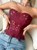 Vendedor Popular de Amazon Corsé Bandeau Calado Estampado Bohemio Huilei Encaje Sin Tirantes Con Ballenas Ajustado Bodysuit
