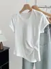 Algodão Macio Gelado Elástico Fluido~Macio Pegajoso Pregueado Torcido Fenda Lateral Gola Redonda Ombro Normal Manga Curta Camiseta Feminina Verão Top Básico