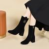 Botas de Cano Médio para Mulheres Outono e Inverno 2025 Estilo Europeu e Americano Botas Simples Elegantes de Couro Preto Bico Redondo Salto Grosso Botas de Salto Alto Botas de Cavaleiro Femininas