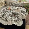 Estilo Coreano Estilo Princesa Renda Veludo Leite Conjunto de Quatro Peças Outono e Inverno Espessado Quente Franzido Floral Veludo Coral Conjunto de Três Peças