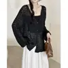 Foto real de cárdigan de ganchillo calado casual de estilo coreano de corte holgado para mujer, prenda exterior versátil de manga larga, top de protección solar