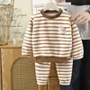 Conjunto de pijama de oso a rayas para niños, unisex, ropa de estar gruesa para otoño/invierno, colección de otoño, ropa para niños, forro polar de doble cara