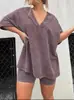 Estación Independiente Transfronteriza Traje Casual Vintage Lavado al Agua Tallas Grandes para Mujer de Dos Piezas Manga Corta Pantalón de Tres Piezas de Cintura Alta para Comercio Exterior