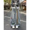 Pantalones vaqueros de pierna ancha recta holgados de longitud hasta el suelo para hombres de talla grande, bordado de toalla estilo caricatura americana, talla grande nueva