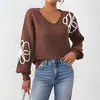 Suéter Bordado de Outono e Inverno Transfronteiriço Europeu e Americano com Fita Floral Gola V Pulôver Bordado Assimétrico Suéter Casual