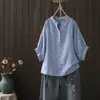 Camisa de Gasa de Algodón de Doble Capa con Cuello en V Fresca de Estilo Japonés con Manga Murciélago Floral para Mujer Verano 2025 Top Manga Tres Cuartos