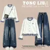 Conjunto casual de cárdigan de manga larga dulce estilo coreano con lazo y jeans de corte holgado para niñas, perfecto para primavera y otoño