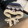 Gorro de punto retro estilo Fair Isle para mujer, cálido y protector para los oídos para otoño e invierno, gorro pullover que adelgaza la cara, pasamontañas étnico