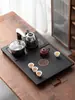 Bandeja de té de piedra negra imitación, juego de té integrado totalmente automático, uso doméstico, adecuado para té kung fu, compatible con placas de inducción, mesa de té grande para sala de estar, material natural
