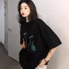 Camiseta de Manga Corta Estampada Pintada a Mano Transfronteriza para Mujer Verano Nueva Estilo Universitario Coreano Suelta Combinable Top Negro de Moda para Mujer