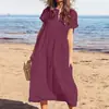 Transfronterizo Verano 2025 Europa y Estados Unidos TEMU Nuevo Color Sólido Cuello en V Manga Corta Holgado Casual Largo Ropa de Algodón y Lino para Mujer