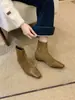Botas retro de estilo francés para mujer, de punta cuadrada, tacón grueso, elásticas, ajustadas, nuevas de otoño e invierno, con retazos de gamuza, cremallera corta, estilo Martin.