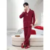 Pijama de Pareja para Boda Hombre Primavera y Otoño Imitación Algodón Manga Larga Cárdigan Rojo Vino Año del Zodiaco Nuevo Matrimonio Conjunto de Ropa para el Hogar
