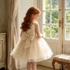 Vestido Europeu e Americano Transfronteiriço para Menina Vestido Fino de Gaze Comprimento no Joelho Alça Fina de Espaguete Vestido de Aniversário Primeiro Ano Vestido de Princesa Laço